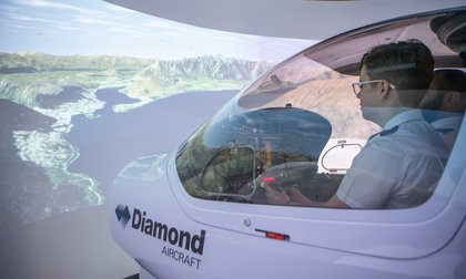 Aviation student using flight simulator