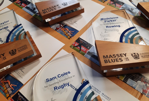 A collection of Blues trophies.