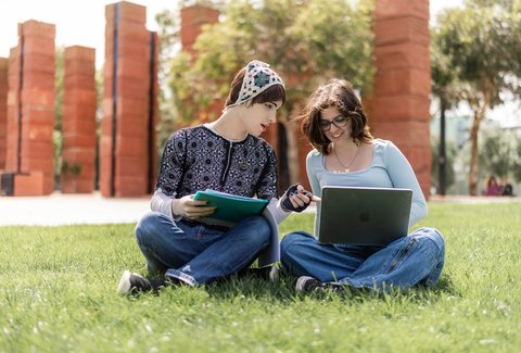 Two students sitting on grass studying on Wellington campus.