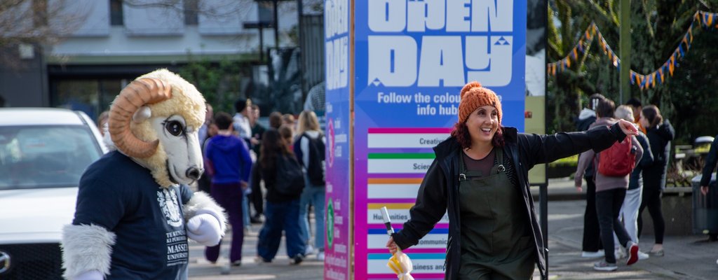 Furgus the ram and attendees of Open Days 2023