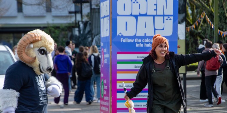 Furgus the ram and attendees of Open Days 2023