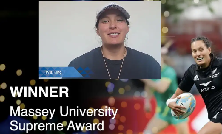 A screenshot of Tyla speaking during the Blues awards virtual event.